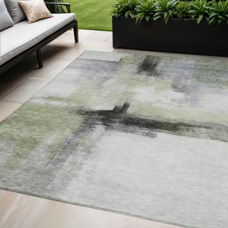 5' X 8' Sage Black And Gray Abstract Washable Indoor Outdoor Area Rug
