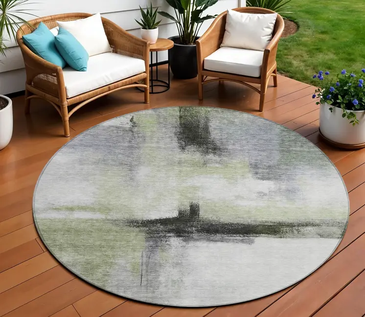 8' Sage Black And Gray Round Abstract Washable Indoor Outdoor Area Rug
