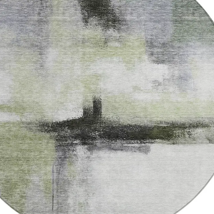 8' Sage Black And Gray Round Abstract Washable Indoor Outdoor Area Rug