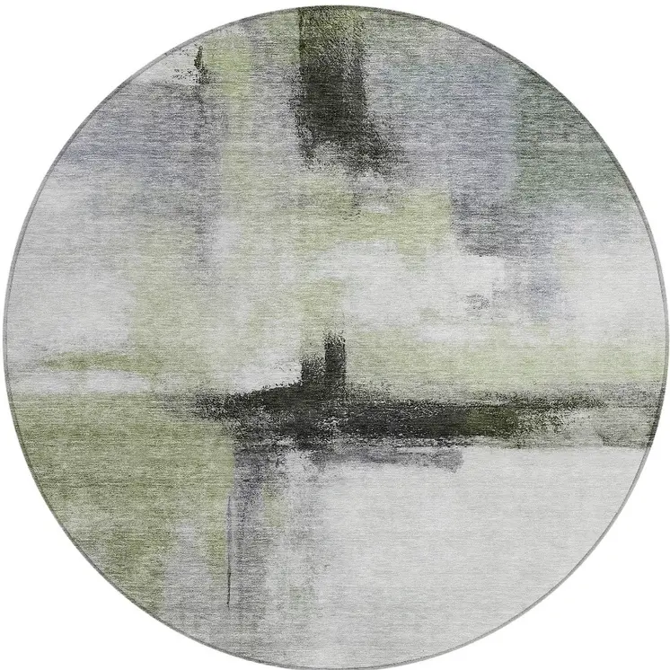 8' Sage Black And Gray Round Abstract Washable Indoor Outdoor Area Rug