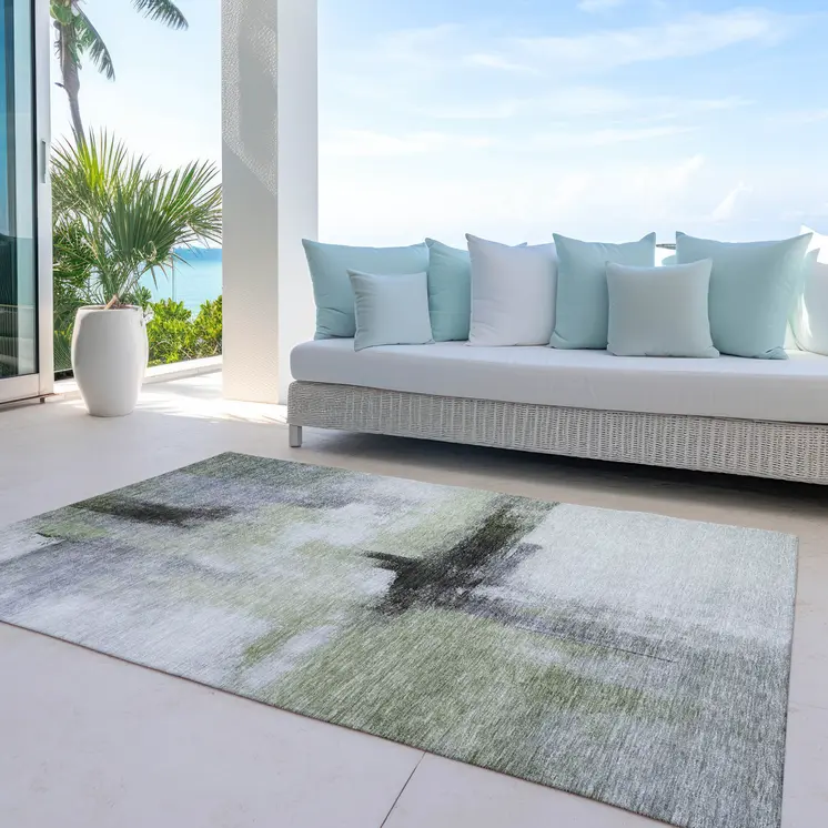 9' X 12' Sage Black And Gray Abstract Washable Indoor Outdoor Area Rug
