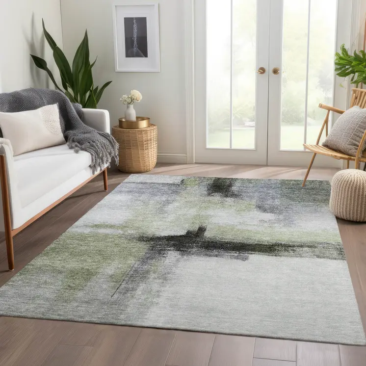 9' X 12' Sage Black And Gray Abstract Washable Indoor Outdoor Area Rug