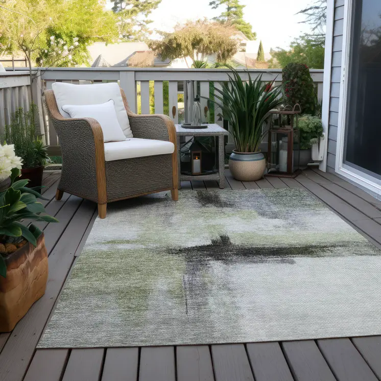 10' X 14' Sage Black And Gray Abstract Washable Indoor Outdoor Area Rug