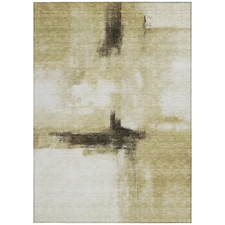 3' X 5' Wheat Green And Black Abstract Washable Indoor Outdoor Area Rug