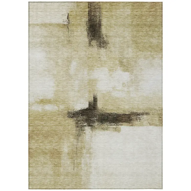 3' X 5' Wheat Green And Black Abstract Washable Indoor Outdoor Area Rug