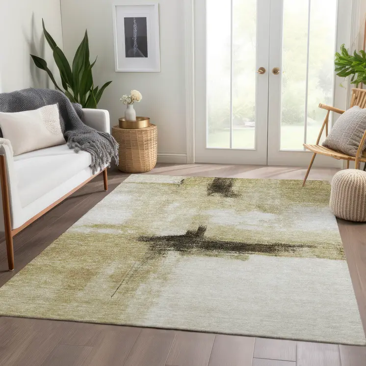 3' X 5' Wheat Green And Black Abstract Washable Indoor Outdoor Area Rug