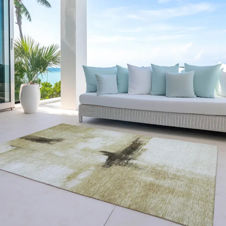 5' X 8' Wheat Green And Black Abstract Washable Indoor Outdoor Area Rug