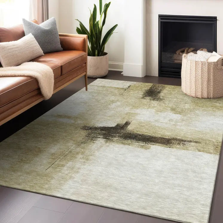 5' X 8' Wheat Green And Black Abstract Washable Indoor Outdoor Area Rug