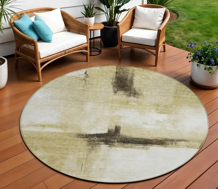 8' Wheat Green And Black Round Abstract Washable Indoor Outdoor Area Rug
