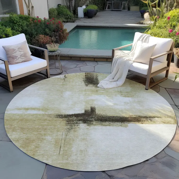 8' Wheat Green And Black Round Abstract Washable Indoor Outdoor Area Rug
