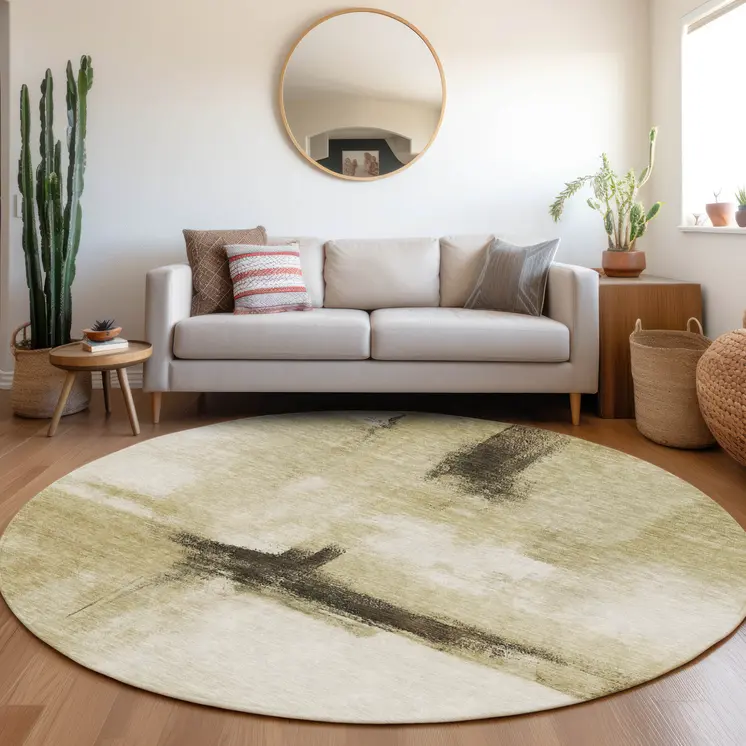 8' Wheat Green And Black Round Abstract Washable Indoor Outdoor Area Rug