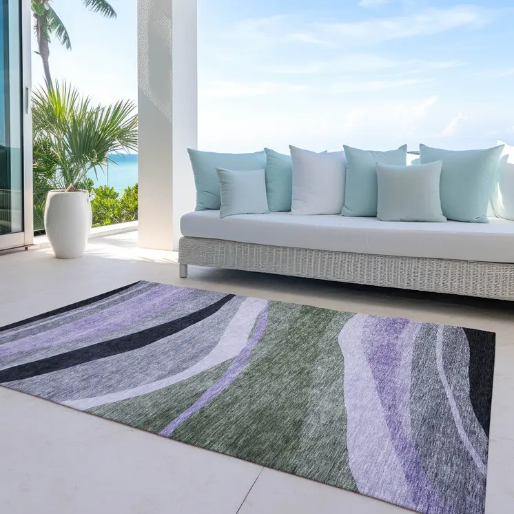 5' X 8' Artichoke Green Green And Black Abstract Washable Indoor Outdoor Area Rug