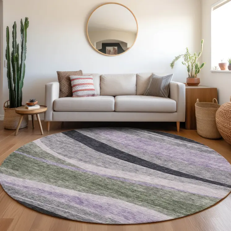 8' Artichoke Green Green And Black Round Abstract Washable Indoor Outdoor Area Rug