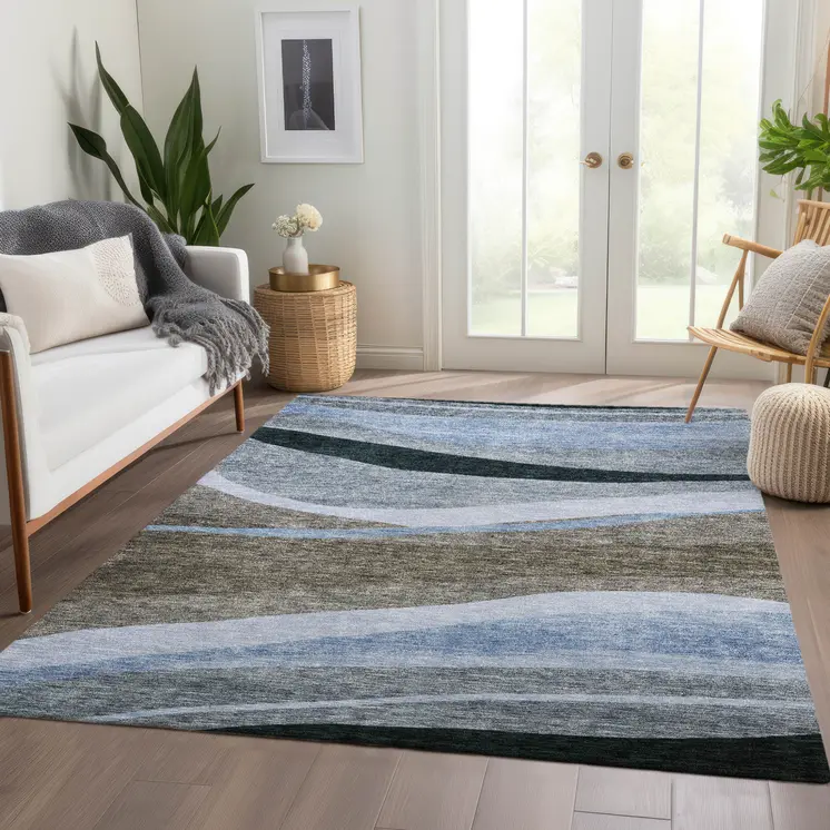 3' X 5' Brown Blue And Gray Abstract Washable Indoor Outdoor Area Rug