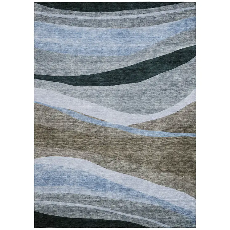 5' X 8' Brown Blue And Gray Abstract Washable Indoor Outdoor Area Rug