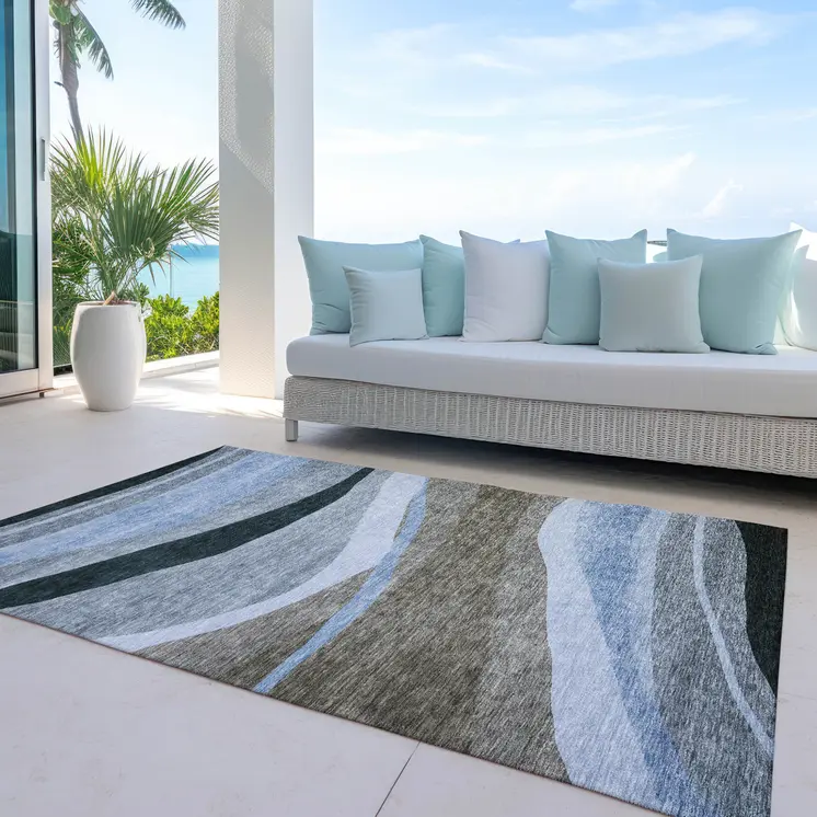 5' X 8' Brown Blue And Gray Abstract Washable Indoor Outdoor Area Rug