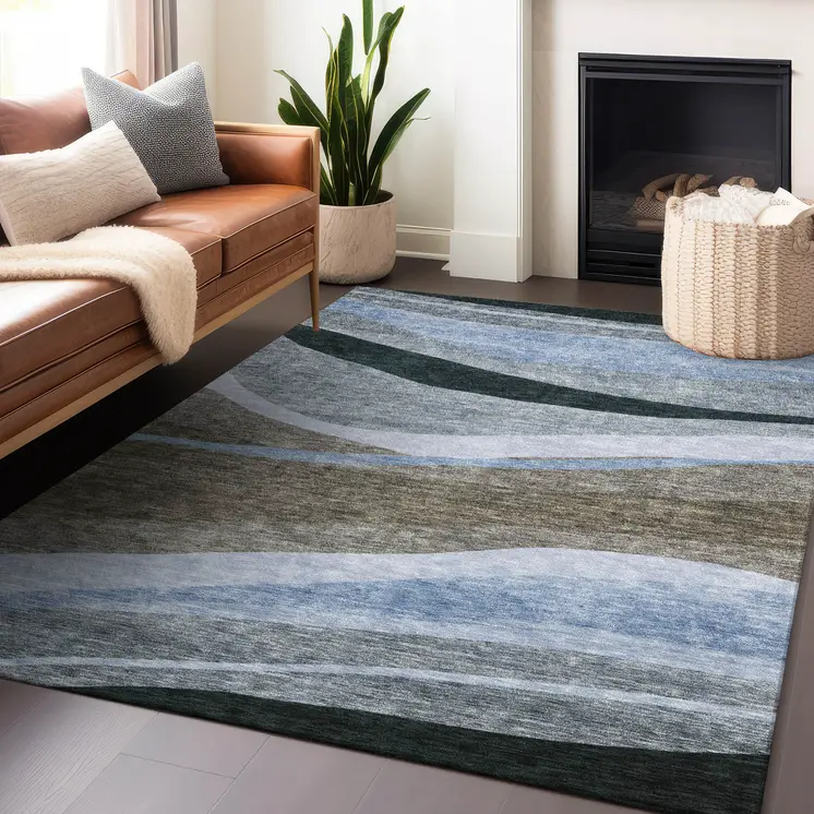 5' X 8' Brown Blue And Gray Abstract Washable Indoor Outdoor Area Rug