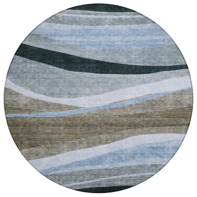 8' Brown Blue And Gray Round Abstract Washable Indoor Outdoor Area Rug