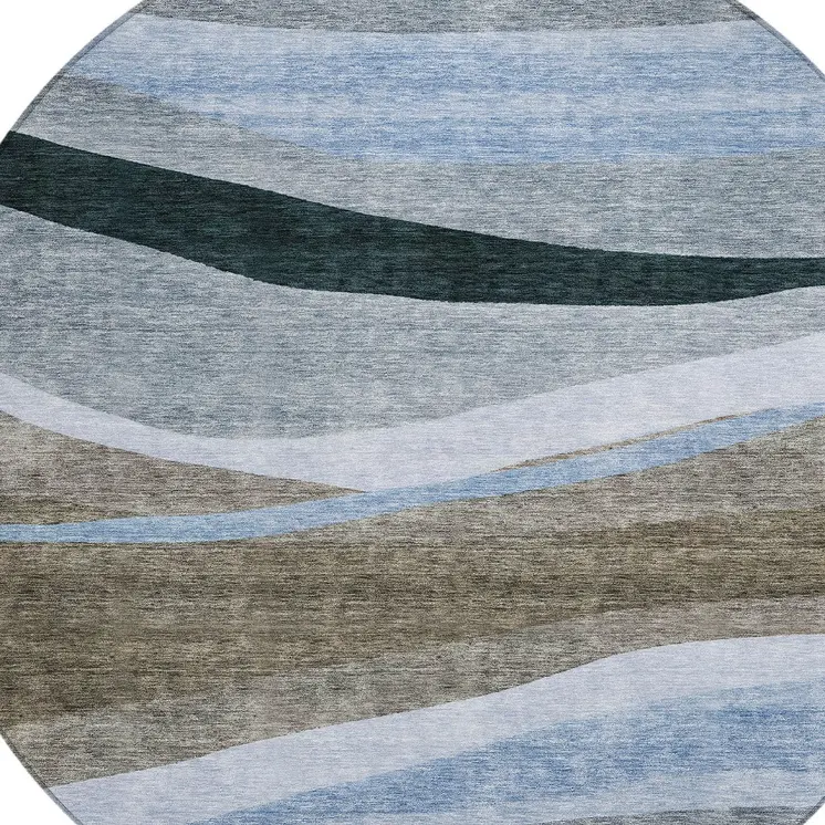 8' Brown Blue And Gray Round Abstract Washable Indoor Outdoor Area Rug