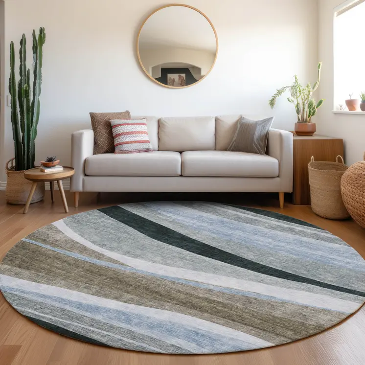 8' Brown Blue And Gray Round Abstract Washable Indoor Outdoor Area Rug