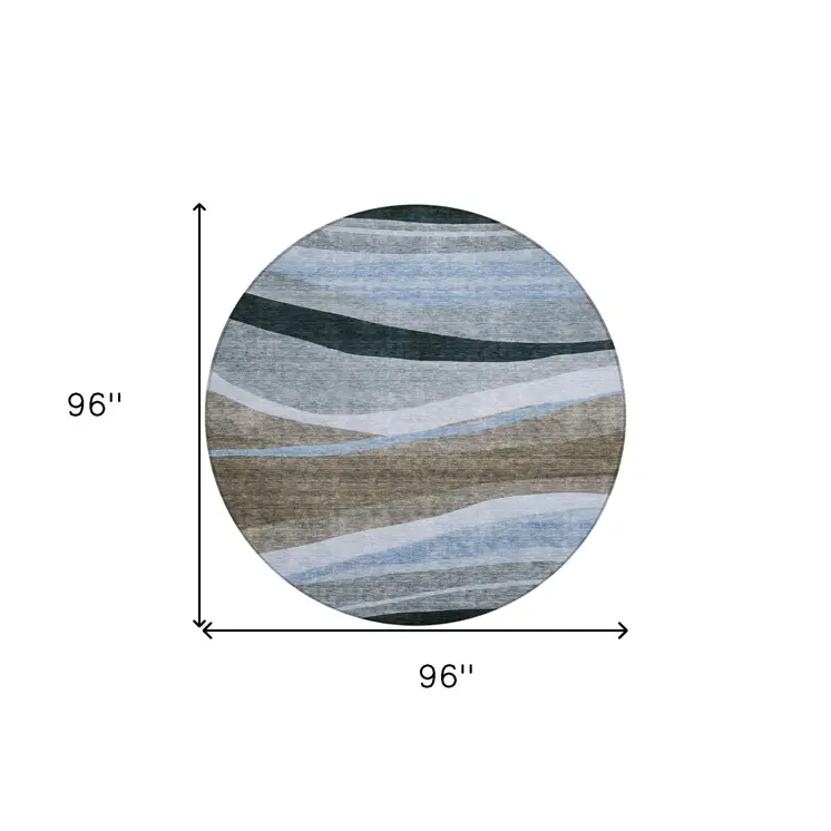 8' Brown Blue And Gray Round Abstract Washable Indoor Outdoor Area Rug