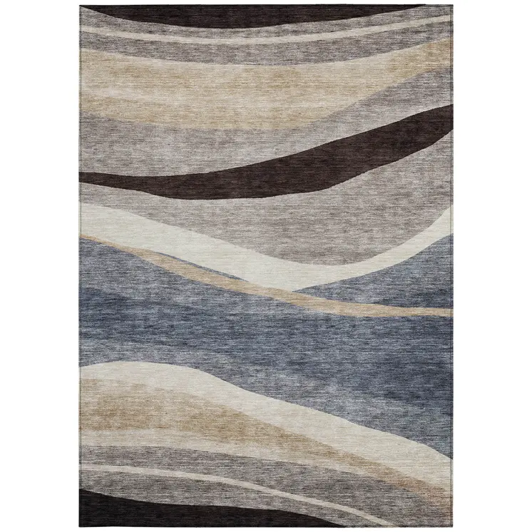 3' X 5' Blue Brown And Beige Abstract Washable Indoor Outdoor Area Rug