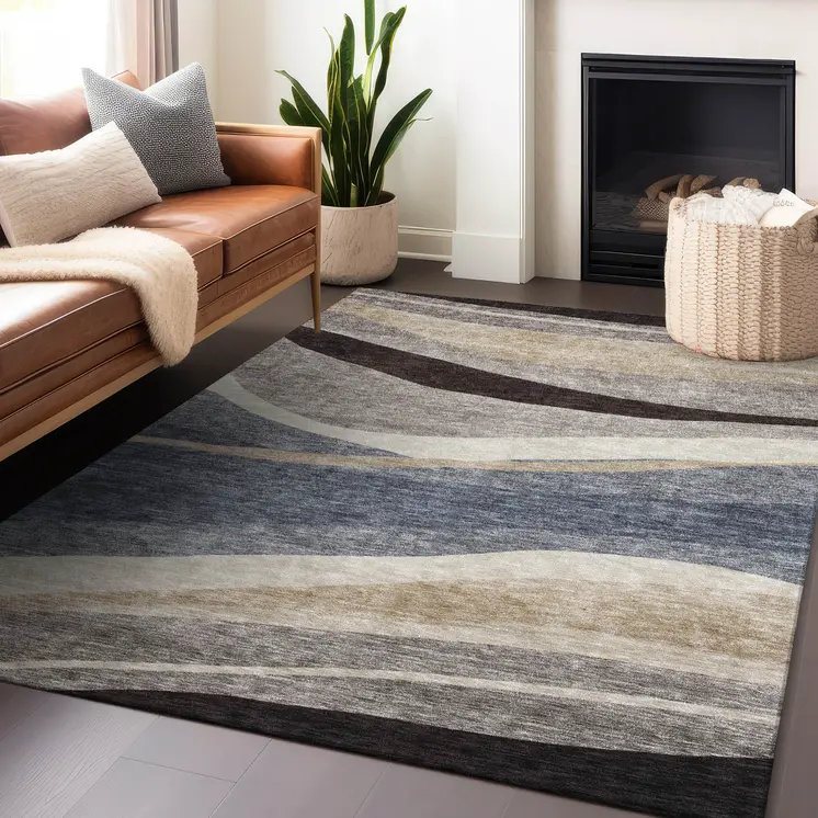 5' X 8' Blue Brown And Beige Abstract Washable Indoor Outdoor Area Rug