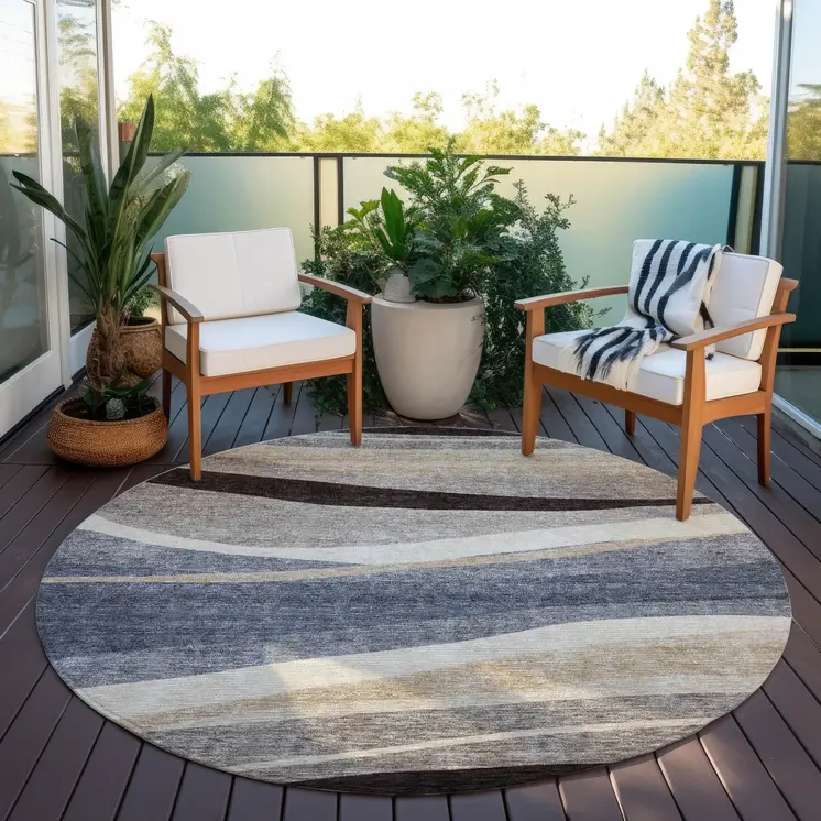 8' Blue Brown And Beige Round Abstract Washable Indoor Outdoor Area Rug