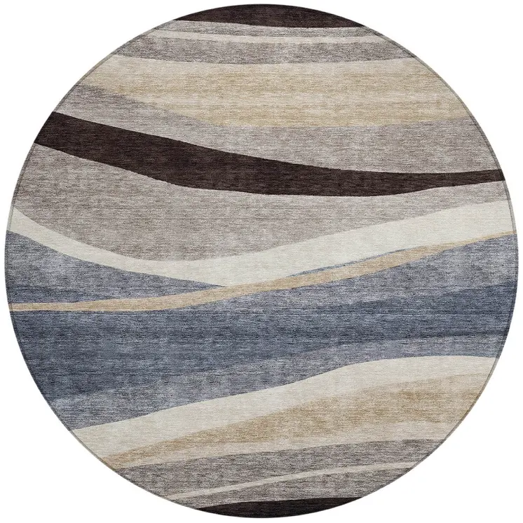 8' Blue Brown And Beige Round Abstract Washable Indoor Outdoor Area Rug