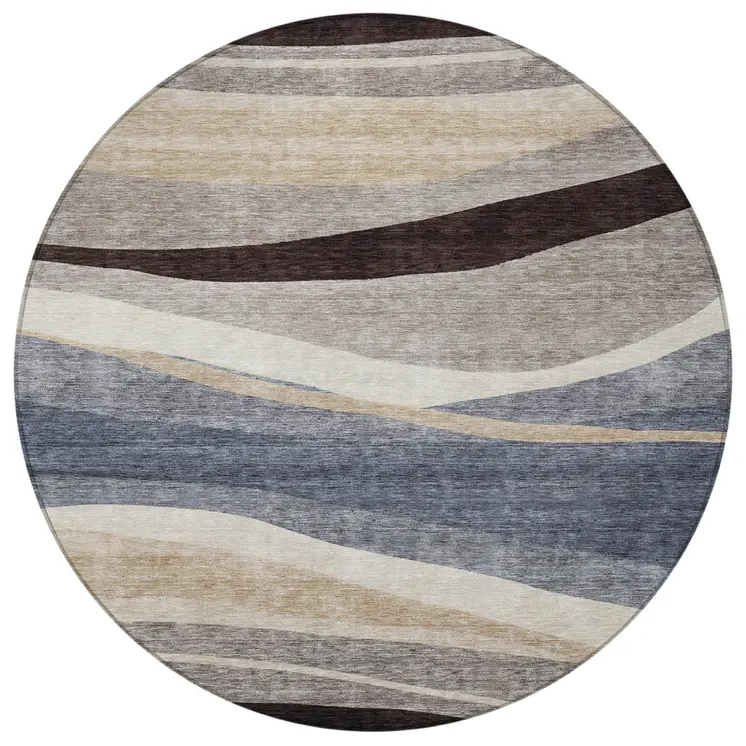 8' Blue Brown And Beige Round Abstract Washable Indoor Outdoor Area Rug