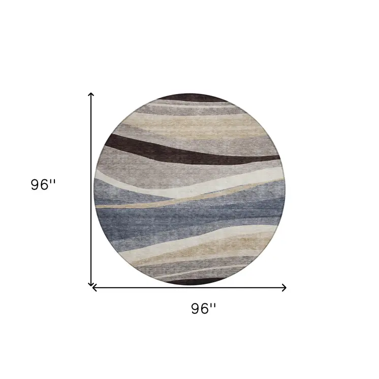8' Blue Brown And Beige Round Abstract Washable Indoor Outdoor Area Rug