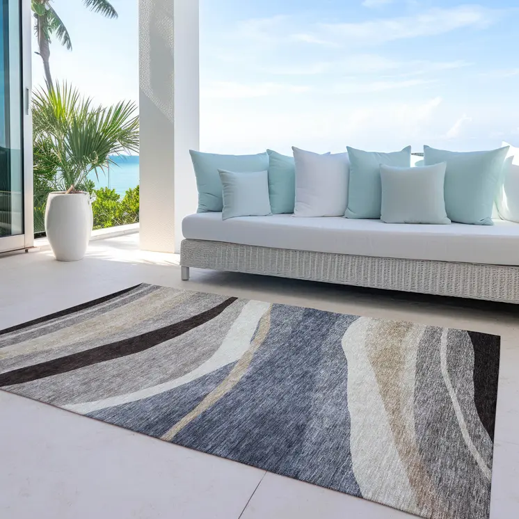 8' X 10' Blue Brown And Beige Abstract Washable Indoor Outdoor Area Rug