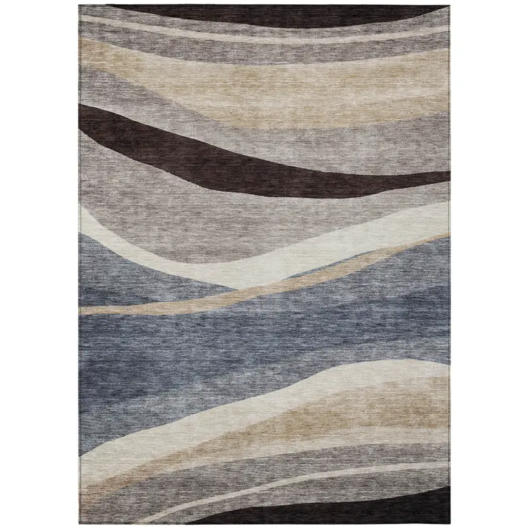 8' X 10' Blue Brown And Beige Abstract Washable Indoor Outdoor Area Rug