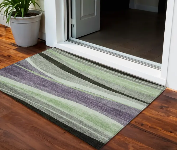 3' X 5' Purple And Green Abstract Washable Indoor Outdoor Area Rug