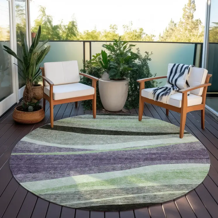 8' Purple And Green Round Abstract Washable Indoor Outdoor Area Rug