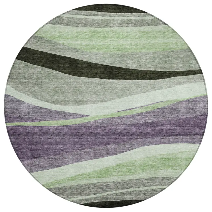 8' Purple And Green Round Abstract Washable Indoor Outdoor Area Rug