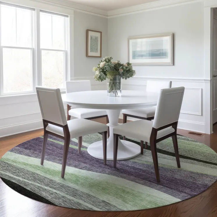 8' Purple And Green Round Abstract Washable Indoor Outdoor Area Rug
