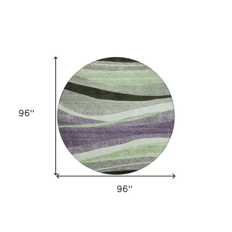 8' Purple And Green Round Abstract Washable Indoor Outdoor Area Rug