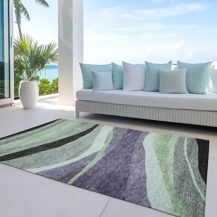 8' X 10' Purple And Green Abstract Washable Indoor Outdoor Area Rug