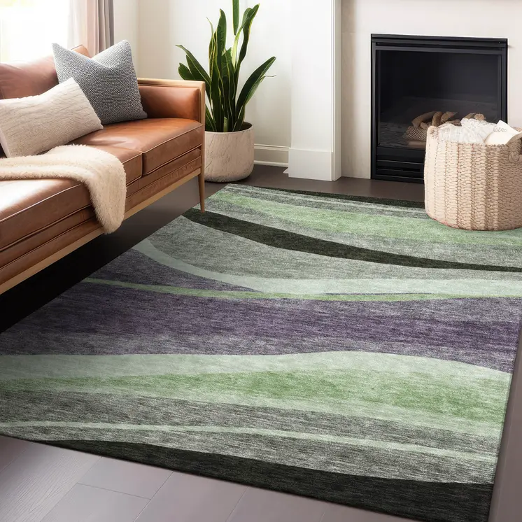 8' X 10' Purple And Green Abstract Washable Indoor Outdoor Area Rug