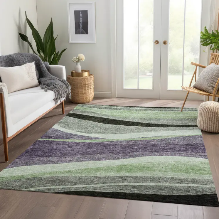 8' X 10' Purple And Green Abstract Washable Indoor Outdoor Area Rug