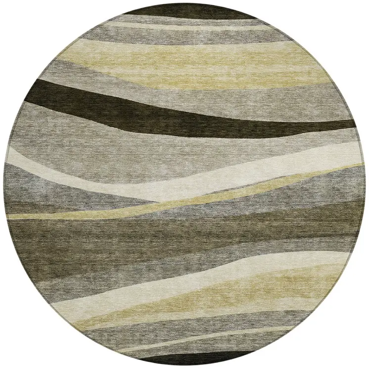 8' Taupe Gray And Black Round Abstract Washable Indoor Outdoor Area Rug