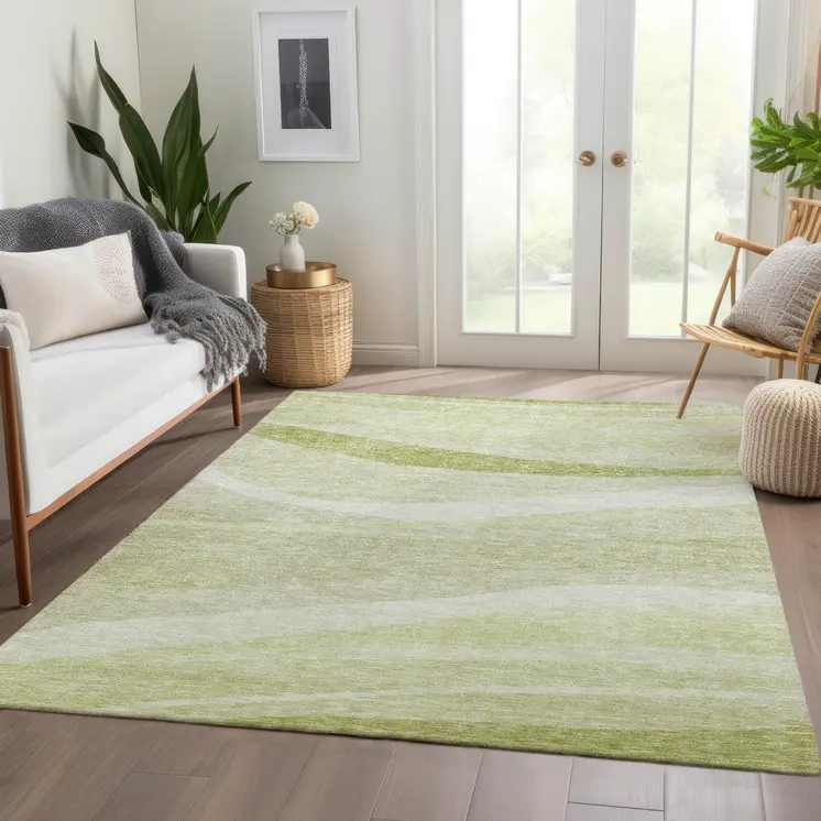 3' X 5' Artichoke Green And Ivory Abstract Washable Indoor Outdoor Area Rug