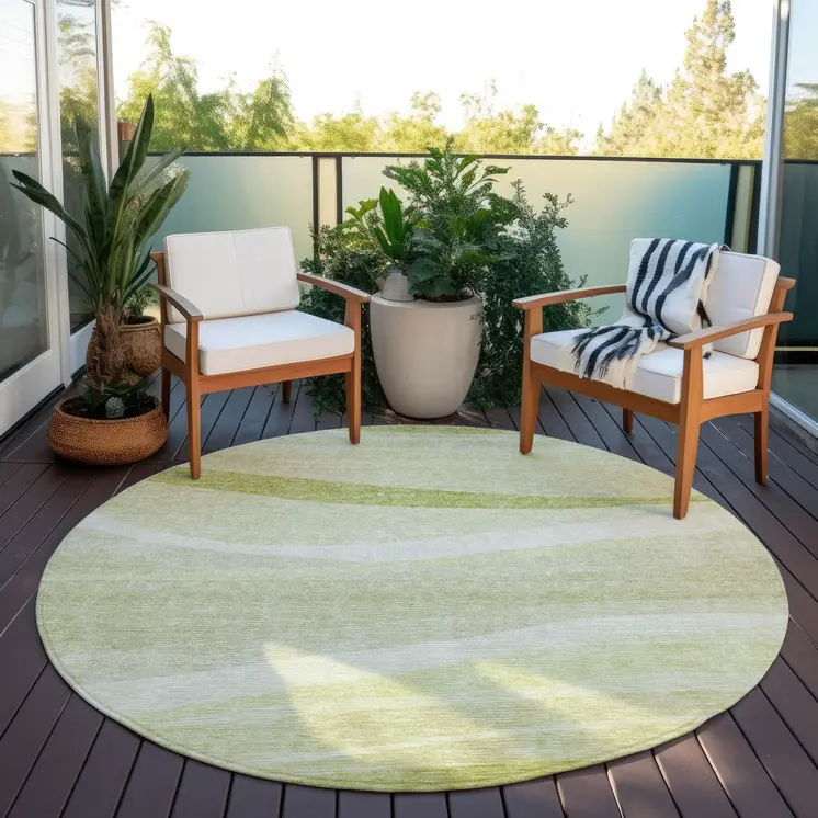 8' Artichoke Green And Ivory Round Abstract Washable Indoor Outdoor Area Rug