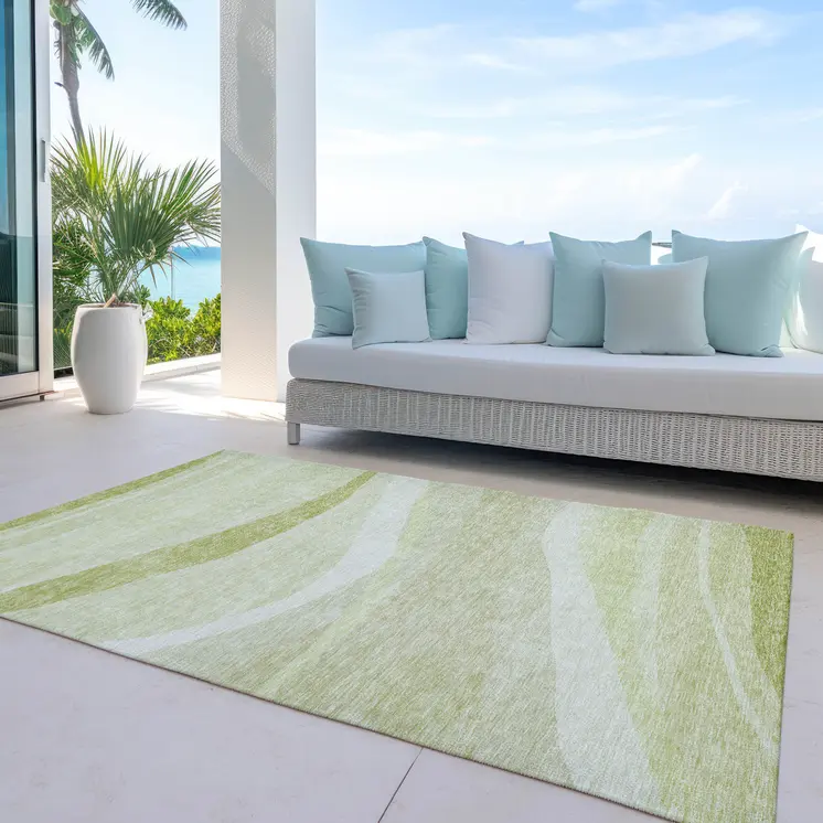 9' X 12' Artichoke Green And Ivory Abstract Washable Indoor Outdoor Area Rug