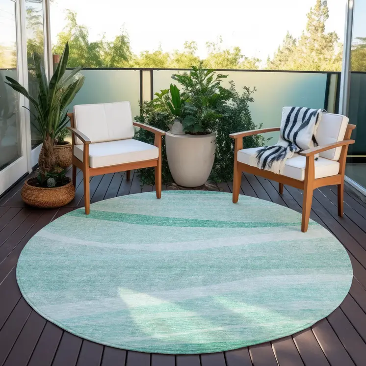 8' Aqua And Sky Blue Round Abstract Washable Indoor Outdoor Area Rug