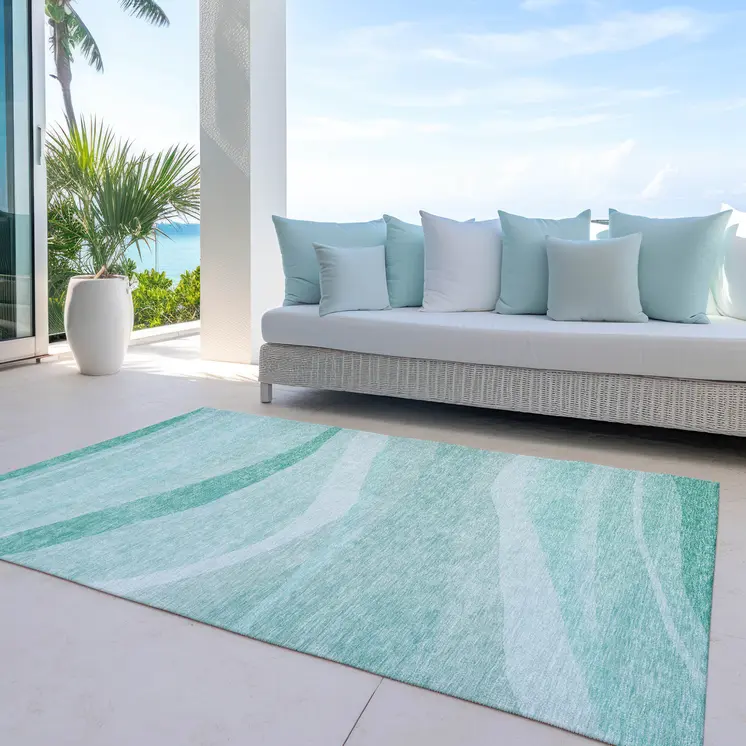 10' X 14' Aqua And Sky Blue Abstract Washable Indoor Outdoor Area Rug
