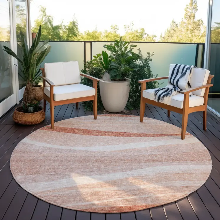 8' Salmon And Pink Round Abstract Washable Indoor Outdoor Area Rug