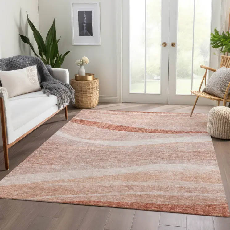 9' X 12' Salmon And Pink Abstract Washable Indoor Outdoor Area Rug