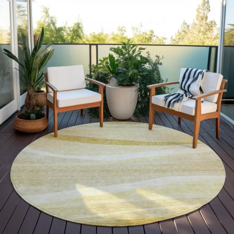 8' Wheat And Ivory Round Abstract Washable Indoor Outdoor Area Rug